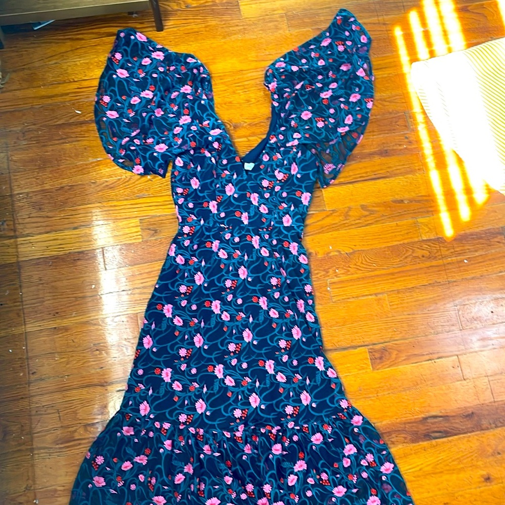 Floral Navy Blue Dress, Flared at the Bottom